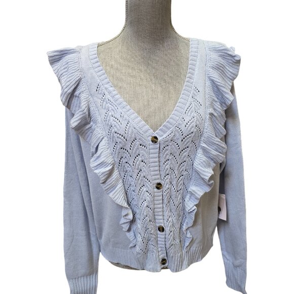 Women's LC Lauren Conrad Ruffle Pointelle Cardigan Blue NWT XXL - Picture 2 of 7